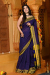 Gaurangi ~ Handloom Pure Cotton Ilkal Saree with Resham Pallu in Marine Blue - verymuchindian.com