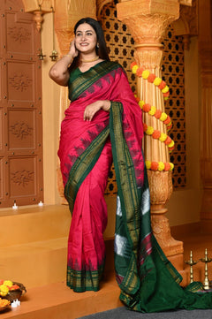 Gaurangi ~ Handloom Pure Cotton Ilkal Saree with Resham Pallu in Reshami Pink Green - verymuchindian.com