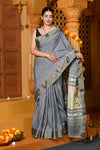 Gaurangi ~ Handloom Pure Cotton Paithani in Grey with Asawali Pallu - verymuchindian.com