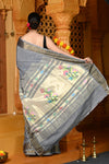 Gaurangi ~ Handloom Pure Cotton Paithani in Grey with Asawali Pallu - verymuchindian.com