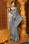 Gaurangi ~ Handloom Pure Cotton Paithani in Grey with Asawali Pallu - verymuchindian.com