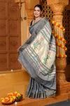 Gaurangi ~ Handloom Pure Cotton Paithani in Grey with Asawali Pallu - verymuchindian.com