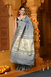 Gaurangi ~ Handloom Pure Cotton Paithani in Grey with Asawali Pallu - verymuchindian.com