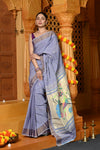 Gaurangi ~ Handloom Pure Cotton Paithani in Lilac with Peacock Pallu - verymuchindian.com