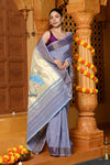 Gaurangi ~ Handloom Pure Cotton Paithani in Lilac with Peacock Pallu - verymuchindian.com