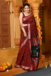 Gaurangi ~ Handloom Pure Cotton Paithani in Maroon and Black with Pichwai Pallu - verymuchindian.com