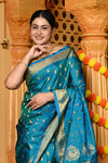 Gaurangi ~ Handloom Pure Silk Maharani Paithani with Majestic Maharani Pallu in Azure Blue - verymuchindian.com