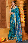 Gaurangi ~ Handloom Pure Silk Maharani Paithani with Majestic Maharani Pallu in Azure Blue - verymuchindian.com