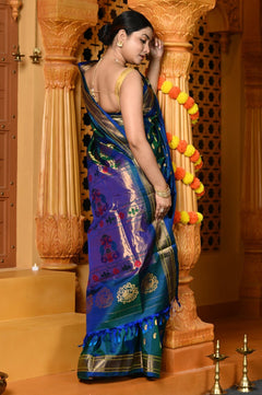 Gaurangi ~ Handloom Pure Silk Maharani Paithani with Majestic Maharani Pallu in Dual Tone Blue Green - verymuchindian.com