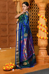 Gaurangi ~ Handloom Pure Silk Maharani Paithani with Majestic Maharani Pallu in Dual Tone Blue Green - verymuchindian.com