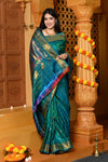 Gaurangi ~ Handloom Pure Silk Maharani Paithani with Majestic Maharani Pallu in Turquoise Blue - verymuchindian.com