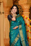 Gaurangi ~ Handloom Pure Silk Maharani Paithani with Majestic Maharani Pallu in Turquoise Blue - verymuchindian.com