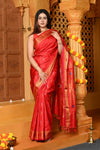 Gaurangi ~ Handloom Pure Silk Paithani Saree with Designer Swan Pallu and Muniya Buttis in Red - verymuchindian.com