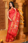 Gaurangi ~ Handloom Pure Silk Paithani Saree with Designer Swan Pallu and Muniya Buttis in Red - verymuchindian.com