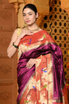 Gaurangi ~ Handloom Pure Silk Paithani Saree with Handcrafted Peacock Parrot Zari Border in Wine - verymuchindian.com