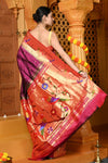 Gaurangi ~ Handloom Pure Silk Paithani Saree with Handcrafted Peacock Parrot Zari Border in Wine - verymuchindian.com