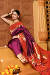 Gaurangi ~ Handloom Pure Silk Paithani Saree with Handcrafted Peacock Parrot Zari Border in Wine - verymuchindian.com
