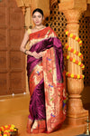 Gaurangi ~ Handloom Pure Silk Paithani Saree with Handcrafted Peacock Parrot Zari Border in Wine - verymuchindian.com