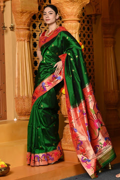 Gaurangi ~ Handloom Pure Silk Paithani Saree with Handcrafted Peacock Zari Border in Royal Green - verymuchindian.com
