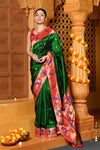 Gaurangi ~ Handloom Pure Silk Paithani Saree with Handcrafted Peacock Zari Border in Royal Green - verymuchindian.com