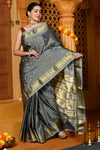 Gaurangi ~ Handloom Pure Silk Paithani Saree with Traditional Peacock Lotus Pallu in Grey - verymuchindian.com