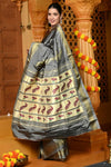 Gaurangi ~ Handloom Pure Silk Paithani Saree with Traditional Peacock Lotus Pallu in Grey - verymuchindian.com