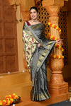 Gaurangi ~ Handloom Pure Silk Paithani Saree with Traditional Peacock Lotus Pallu in Grey - verymuchindian.com