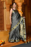 Gaurangi ~ Handloom Pure Silk Paithani Saree with Traditional Peacock Lotus Pallu in Grey - verymuchindian.com