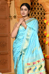 Gaurangi ~ Handloom Pure Silk Paithani Saree with Traditional Peacock Lotus Pallu in Sky Blue - verymuchindian.com
