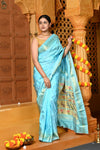 Gaurangi ~ Handloom Pure Silk Paithani Saree with Traditional Peacock Lotus Pallu in Sky Blue - verymuchindian.com