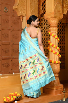 Gaurangi ~ Handloom Pure Silk Paithani Saree with Traditional Peacock Lotus Pallu in Sky Blue - verymuchindian.com