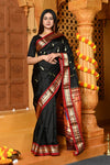 Gaurangi ~ Handloom Pure Silk Paithani Saree with Traditional Peacock Pallu ~ Black - verymuchindian.com