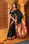 Gaurangi ~ Handloom Pure Silk Paithani Saree with Traditional Peacock Pallu ~ Black - verymuchindian.com