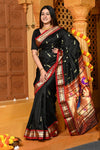 Gaurangi ~ Handloom Pure Silk Paithani Saree with Traditional Peacock Pallu ~ Black - verymuchindian.com