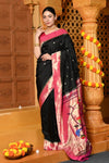 Gaurangi ~ Handloom Pure Silk Pink Muniya Border Saree With Handcrafted Peacock Pallu in Black - verymuchindian.com