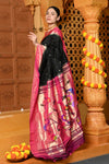 Gaurangi ~ Handloom Pure Silk Pink Muniya Border Saree With Handcrafted Peacock Pallu in Black - verymuchindian.com