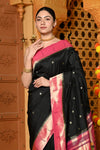 Gaurangi ~ Handloom Pure Silk Pink Muniya Border Saree With Handcrafted Peacock Pallu in Black - verymuchindian.com