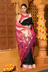 Gaurangi ~ Handloom Pure Silk Pink Muniya Border Saree With Handcrafted Peacock Pallu in Black - verymuchindian.com
