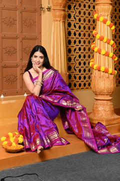 Gaurangi ~ Limited Edition Pure Silk Paithani with Asawali Pallu & Asawali Buttis in Exquisite Dual Tone Pink Purple - verymuchindian.com
