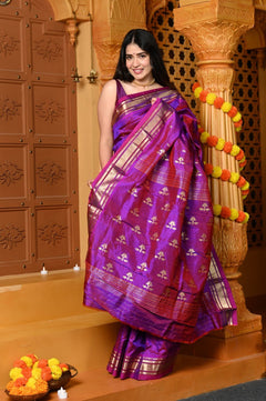Gaurangi ~ Limited Edition Pure Silk Paithani with Asawali Pallu & Asawali Buttis in Exquisite Dual Tone Pink Purple - verymuchindian.com