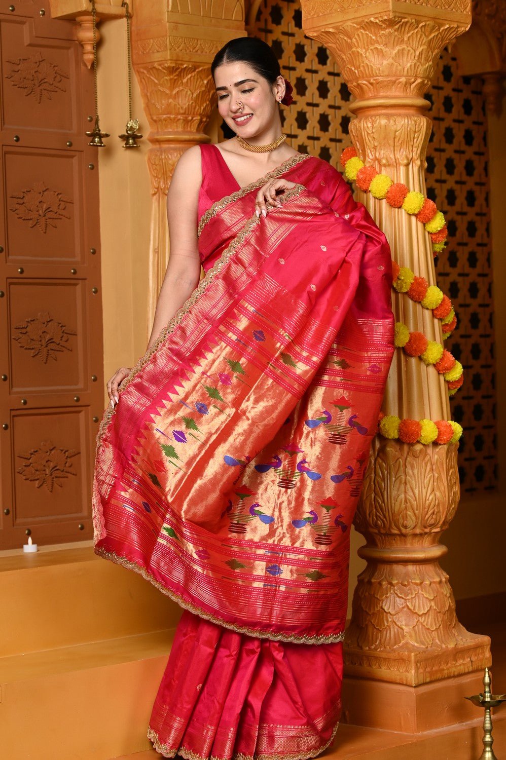 Gaurangi Premium ~ Handloom Pure Silk Paithani Saree with Exclusive Embroidered Border & Handcrafted Double Pallu in Pink - verymuchindian.com