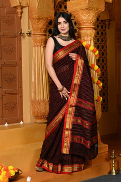 Gaurangi ~ Pure Cotton Saree in Regal Magnetic Black with Exclusive Zari Border & Pallu - verymuchindian.com