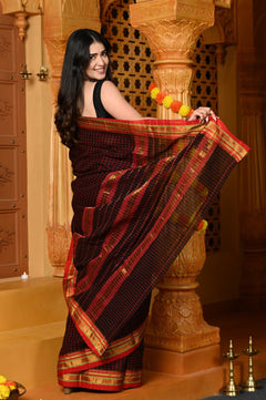 Gaurangi ~ Pure Cotton Saree in Regal Magnetic Black with Exclusive Zari Border & Pallu - verymuchindian.com