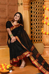 Gaurangi ~ Pure Cotton Saree in Regal Salient Black with Exclusive Zari Border & Pallu - verymuchindian.com