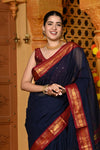 Gaurangi ~ Pure Cotton Saree in Regal Salient Dark Blue with Exclusive Zari Border & Pallu - verymuchindian.com