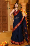 Gaurangi ~ Pure Cotton Saree in Regal Salient Dark Blue with Exclusive Zari Border & Pallu - verymuchindian.com