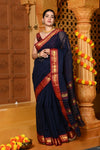 Gaurangi ~ Pure Cotton Saree in Regal Salient Dark Blue with Exclusive Zari Border & Pallu - verymuchindian.com