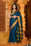 Gaurangi ~ Pure Cotton Saree in Regal Salient Peacock Blue with Exclusive Zari Border & Pallu - verymuchindian.com