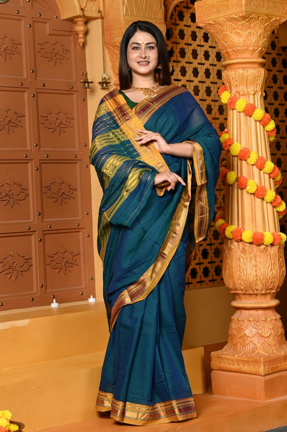 Gaurangi ~ Pure Cotton Saree in Regal Salient Peacock Blue with Exclusive Zari Border & Pallu - verymuchindian.com