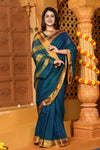 Gaurangi ~ Pure Cotton Saree in Regal Salient Peacock Blue with Exclusive Zari Border & Pallu - verymuchindian.com